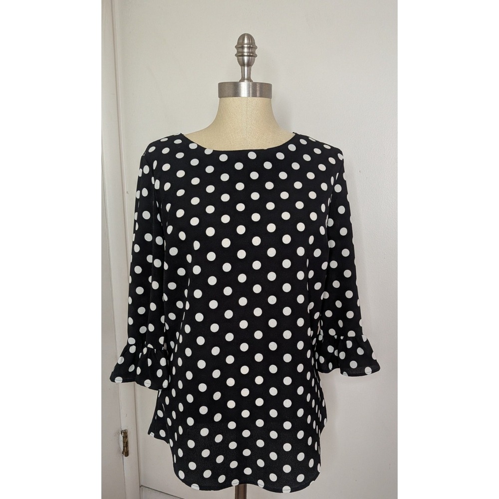 Black White Polka Dot Blouse Ruffle Bell Sleeve Career Casual Top Small Preppy